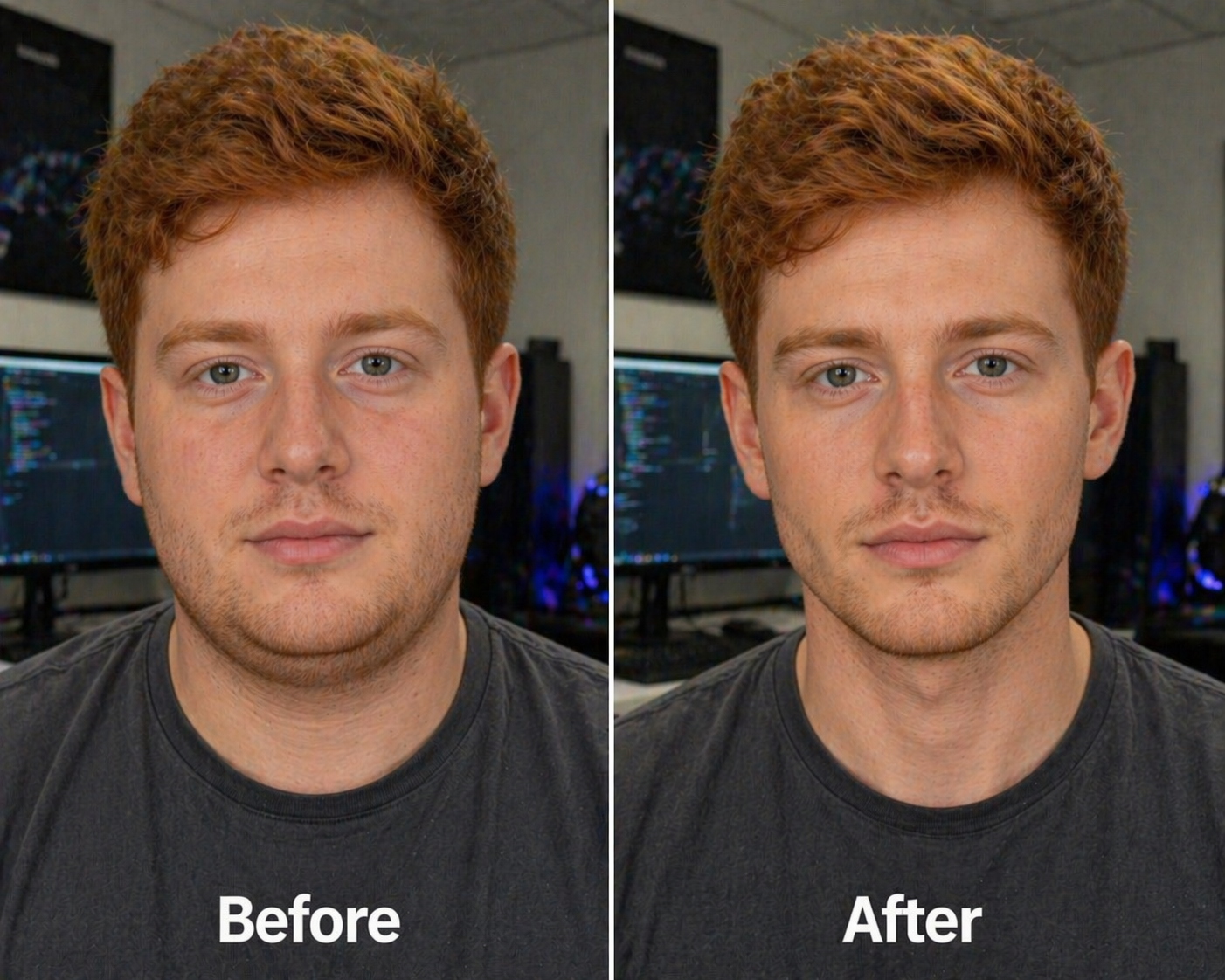 Real face slimmer before and after — male, red hair