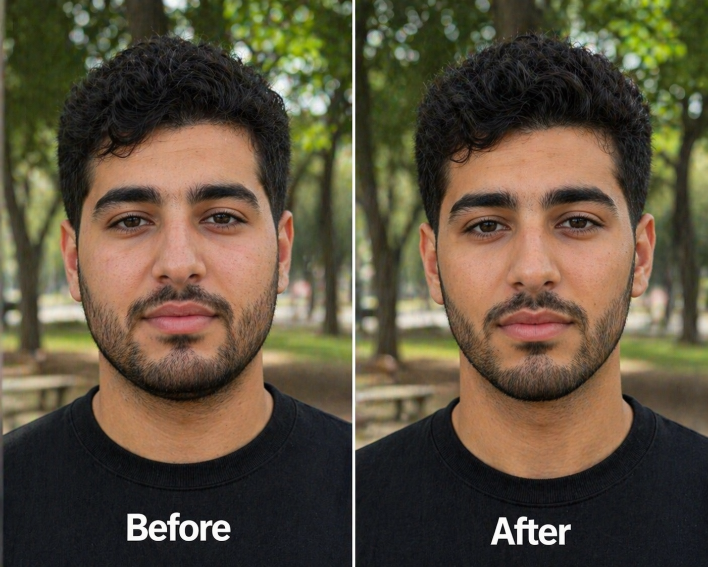 Real face slimmer before and after — female, dark hair