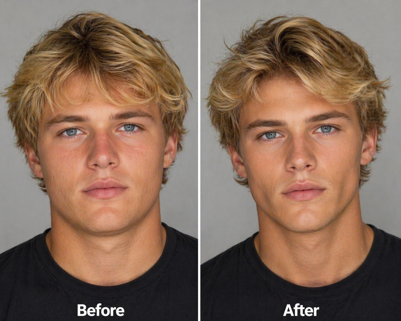 Real face slimmer before and after — male, curly hair outdoors